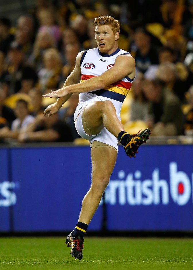 AFL 2016 Rd 03 - Richmond v Adelaide MELBOURNE, AUSTRALIA - APRIL 9: Kyle Cheney of the Crows in action during the 2016 AFL Round 03 match between the Richmond Tigers and the Adelaide Crows at the Etihad Stadium, Melbourne on April 9, 2016. (Photo by Michael Willson/AFL Media)